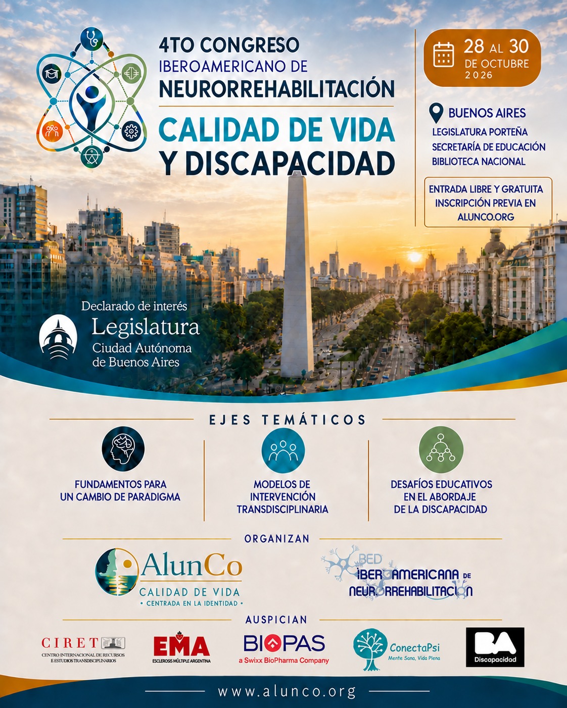 Afiche del 4.º Congreso Iberoamericano de Neurorrehabilitación, Calidad de Vida y Discapacidad. Del 28 al 30 de octubre de 2026 en Buenos Aires.