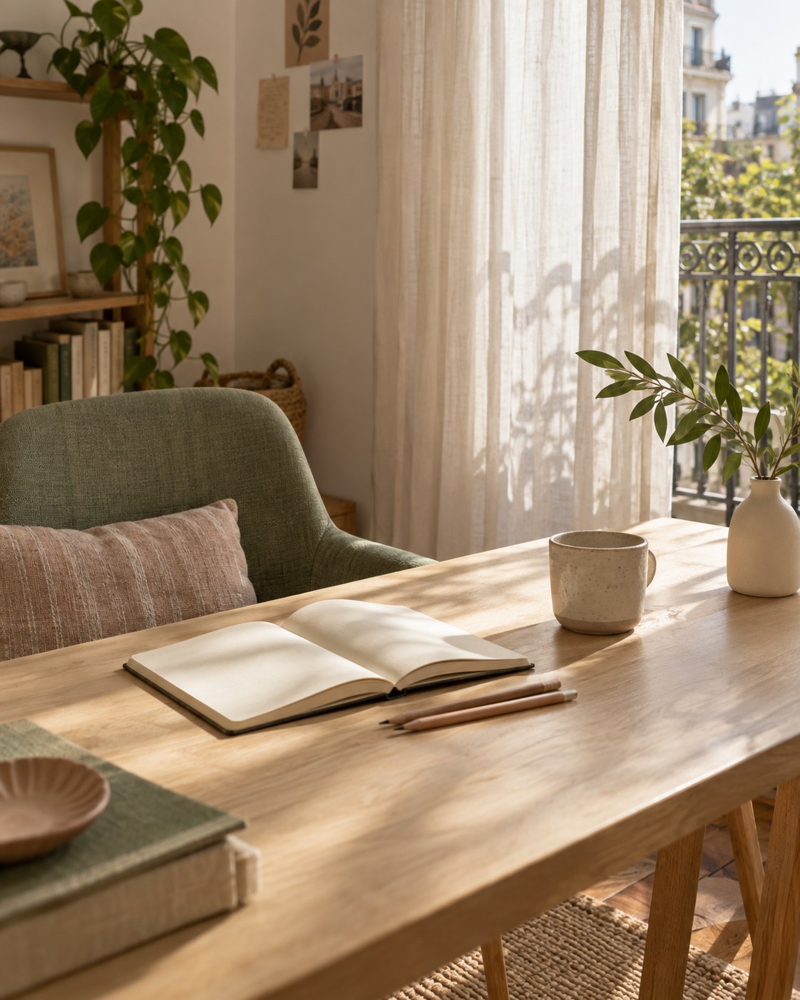 Imagen de ambientación de un espacio creativo: mesa de madera, cuaderno y luz natural.